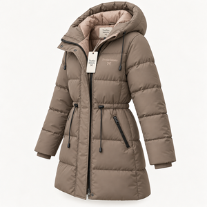 Thorfinn Industry <b>Women</b> Hooded Long Quilted Puffer <b>Jacket</b> Winter <b>Brown</b> Zip Up Drawstring Waist Coat Wholesale Rate Custom - Product Image 1