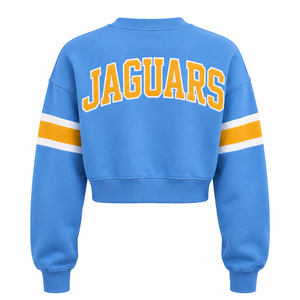 เสื้อสเวตเชิ้ตครอปปิ้ง Southern University SU แบบกำหนดเอง HBCU สีน้ำเงินทอง แขนเสื้อลายทางสไตล์วาร์ซิตี้ คอกลมสำหรับผู้หญิง ขายส่ง - Product Image 2