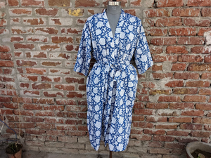 Kimono en coton imprimé à la main unisexe Dressing indien pour adultes avec couverture à la main imprimée de fleurs respirantes Fermeture à cordon de serrage - Product Image 3