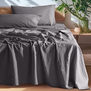 Parure de draps 4 pièces 100 % lin tissé moderne, couleur gris foncé, 100 fils/cm², motif uni, écologique, toutes saisons - Product Image 1