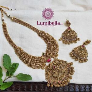 Gold Plated Bridal Jewelry Set with Ruby CZ Golden Pearls - Product Image 1