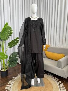 Ensemble Salwar en coton traditionnel avec dupatta brodé pour femme, tenue de mariage, coupe ample, toutes saisons, style Inde Pakistan - Product Image 3