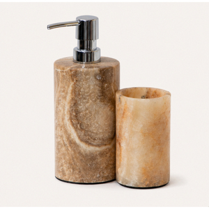 Exclusive Natural Stone <b>Bathroom</b> <b>Accessory</b> <b>Set</b> Handmade Beige Marble Liquid Soap Dispenser and Toothbrush Holder Tumbler - Product Image 1