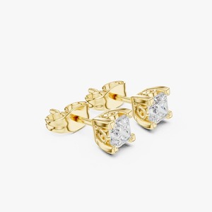 Boucles d'oreilles clous en diamant de laboratoire taille princesse 1,00 carat total, or jaune 9K, solitaire 4 griffes, vente en gros OEM, bijoux fins - Product Image 6