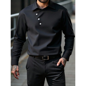 เสื้อเชิ้ตแขนยาวคอปกโปโลสีดำพรีเมียมสำหรับผู้ชาย - Product Image 1