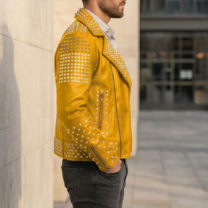 Customizable Men <b>Rhinestone</b> Winter Leather <b>Jacket</b> Motorcycle Biker Turn Down Collar Full Zip <b>Rhinestone</b> Design Party Wear Coat - Product Image 5