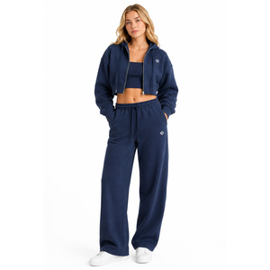 Wholesale Custom OEM Women's Blue Lightweight Breathable Streetwear 100% Cotton Tracksuit Oversized Crop Sets Hoodie for Women - Product Image 1