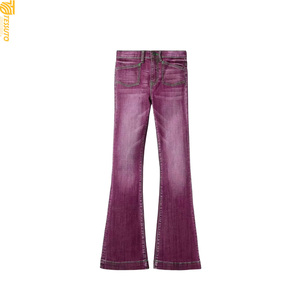 Vaqueros de mezclilla azules de corte bootcut de cintura alta con cremallera para mujer, de largo completo, estilo vintage, casual, a la moda, con cinturón de borlas bordado - Product Image 1