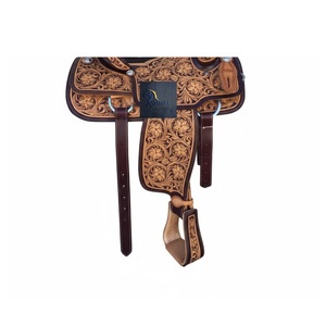 Western Brown Leather Barrel Racing Horse Saddle Tan Floral Hand Tooled Design Hard Seat SS Fitting With Tack Set 10"-18" Inch - Product Image 3