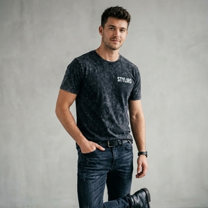 Styliro Men's Washed Black Cotton T-Shirt Short Sleeve O-Neck Regular Fit Casual Jersey Breathable Solid Color Front <b>Logo</b> - Product Image 6