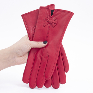 Guantes de cuero genuino a la moda con lazo, guantes de invierno con forro cálido ultrasuave para mujer - Product Image 6
