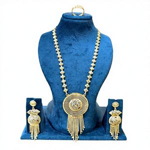 Luxury Gold Plated Long <b>Necklace</b> <b>Set</b> with Designer Pendant & Tassel <b>Earrings</b> Bridal Party Wear Model 63104 - Product Image 1