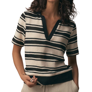 Women's <b>Black</b> Ecru Stripe Knitlook Short Sleeve Sweet for Shirts Casual Lightweight Knitted <b>Top</b> Daily Smart Wear Trendy - Product Image 1