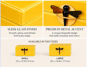 Coffret de rangement pour bijoux en verre jaune doré avec poignée libellule noire, finition brillante, doublure douce, organisateur décoratif pour souvenirs - Product Image 3