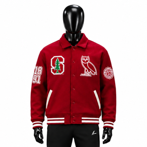 Custom Men Streetwear <b>Red</b> <b>Wool</b> Varsity Jacket Patchwork Embroidery Unisex Oversized Vintage Letterman Bomber Jacket Wholesales - Product Image 1