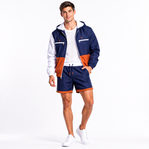 Ensemble survêtement homme personnalisé avec veste coupe-vent à capuche et short, color block, imperméable, en polyester, disponible en OEM/ODM - Product Image 2