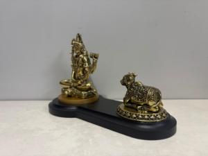 Antique Brass Lord Shiva Idol Nandi Set Wooden Base Handcrafted Meditating Adiyogi Shiva <b>Statue</b> Trishul Outdoor Tabletop - Product Image 3