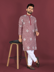 Ensemble Kurta Pajama pour homme, motif géométrique marron et blanc, longueur genou, tenue ethnique traditionnelle pour mariage - Product Image 3