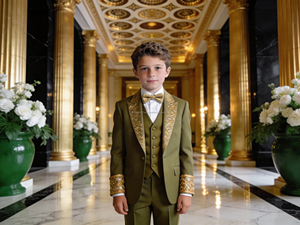 Traje de esmoquin bordado en oro y rojo vino para niños – Traje formal de 3 piezas para bodas y fiestas para niños - Product Image 4