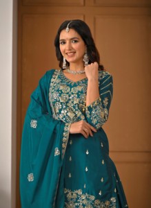 Radiant <b>teal</b> blue chiffon silk sharara <b>suit</b> with shimmering silver zari and sequin embroidery elegant ethnic wear for festivals - Product Image 4
