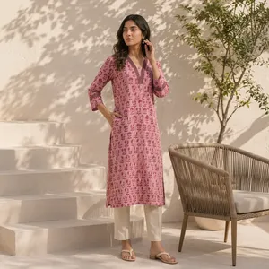 Kurti rose à imprimé floral pour femme, col en V, manches trois quarts, coupe droite, tunique ethnique, décontractée, élégante, confortable, à porter au quotidien - Product Image 5