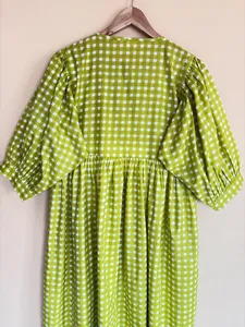 Women's Green Handprint Cotton Midi <b>Dress</b> With Tie-Neck And Short Puff Sleeve <b>Boho</b> <b>Summer</b> <b>Dress</b> - Product Image 5