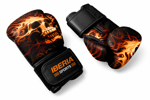 Gants de boxe IBERIA Premium noirs avec imprimé flamme orange et crâne, gants d'entraînement en cuir PU, logo personnalisé, vente en gros OEM - Product Image 4