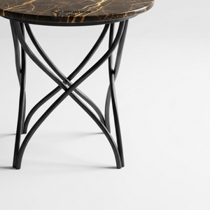 Taburete de Lujo con Tapa Redonda de Mármol Oscuro y Patas Curvas de Metal Negro, Mesa Auxiliar Decorativa Moderna para Hotel y Hogar - Product Image 4