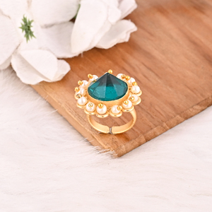 Apatite & Pearl Hydro <b>Ring</b> for Women Gold Plated <b>Adjustable</b> Trendy Brass Gemstone <b>Rings</b> - Product Image 4