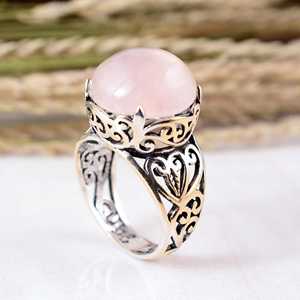 925 Sterling Silver Pink Rose <b>Quartz</b> <b>Ring</b> Boho & Hippie Style Unisex Bezel Setting Statement Jewelry - Product Image 5