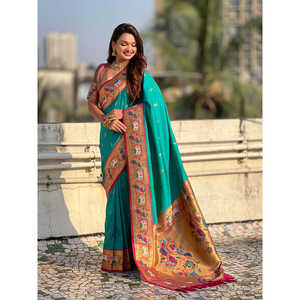 Sari en soie douce bleu aqua Elite Weaves Swan Rajhans Paithani, foulards et châles ethniques 650g - Product Image 1