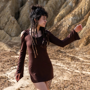 Robe à capuche marron féerique pour femme, dos nu, style bohème, tenue de festival, tenue forestière, mini-robe - Product Image 3