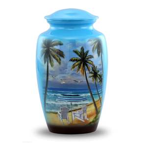 Urna Paradise Beach para Adultos, Urnas con Palmeras y Vista al Océano, Urnas Funerarias y Conmemorativas Azules para Cenizas Humanas - Product Image 1