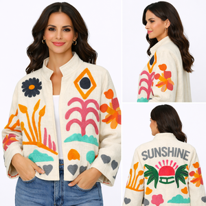Boho Suzani Embroidered Quilted Knitted Velvet Eco-Friendly Breathable Reversible Bomber <b>Jacket</b> Cotton Soft Winter Coat - Product Image 3