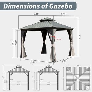 8x8 hardtop อลูมิเนียมศาลาเหล็กชุบสังกะสีหลังคาคู่หลังคาม่านศาลา Pergola ถาวรศาลาศาลาศาลา - Product Image 6