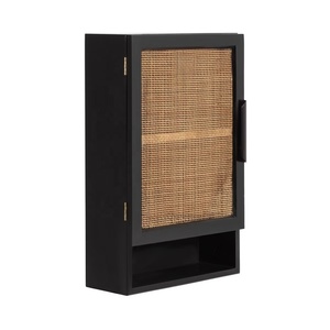 Wood and Rattan Black storage <b>Cabinet</b> with Shelf Modern Space Saving Storage Unit for Bathroom Kitchen and Living Room Decor - Product Image 1