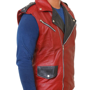 High Quality Premium <b>Men's</b> Red PU Leather <b>Vest</b> With <b>Black</b> Lapel Zipper Closure Moto Style Outerwear Autumn Wear Breathable - Product Image 2