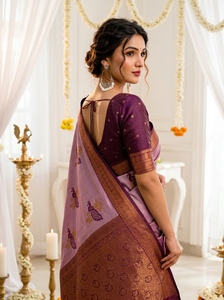 Sari de Seda Morado AARA Fashion con Motivo de Pavo Real y Borde Dorado, Traje Tradicional de Boda, Largo hasta el Suelo, para Mujeres de India y Pakistán - Product Image 3