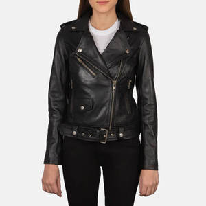 Chaqueta de Motociclista de Cuero Genuino Negro para Mujer, Corte Ajustado, Cierre de Cremallera, Cuello Clásico con Solapa, Bolsillos, Ropa Exterior para Motocicleta - Product Image 1
