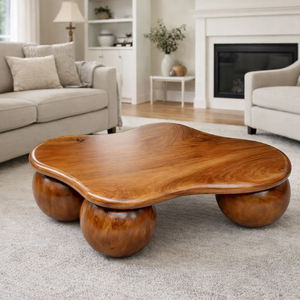 Elegante Mesa de Centro Moderna de Madera Maciza de Suar con Cuatro Patas Esféricas, Artesanía Superior, Acabado Liso, Ideal para Espacios de Vivienda en Villas y Resorts - Product Image 4