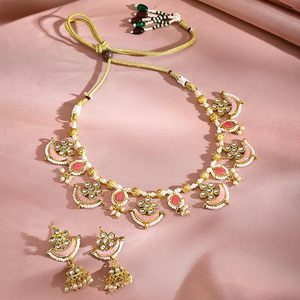 Ensemble collier et boucles d'oreilles plaqué or avec motif de fleurs en émail rose pour femmes, bijoux de mariage - Product Image 5