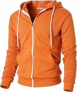 Sweat à capuche zippé orange pour homme, 100 % coton, couleur unie, coupe décontractée, molleton bouclette 300 g, anti-rétrécissement, respirant, idéal pour l'hiver - Product Image 1