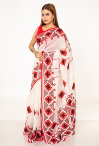 Sari Tradicional Indio de Algodón, Rojo y Negro con Estampado Geométrico, Largo hasta el Suelo, para Bodas, Estilo Bollywood, Elástico - Product Image 2