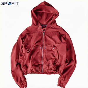 เสื้อฮู้ดดี้สไตล์ดิสเทรสแบบมีซิปสำหรับผู้ชาย น้ำหนัก 360 กรัม ทรงครอป สตรีทแวร์ มีกระเป๋าอเนกประสงค์ ทรงโอเวอร์ไซส์ - Product Image 4
