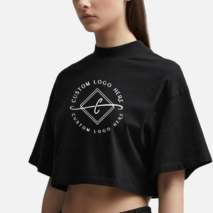 Women's Crop <b>Top</b> Custom 100% Cotton Tshirts Oversize <b>Mock</b> <b>Neck</b> Crop <b>Top</b> Tshirts Wholesales Sexy Style Tee Cropped T-shirt - Product Image 2