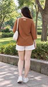 Oneten <b>Women</b> Casual Solid Brown Crew Neck Top And <b>White</b> <b>Shorts</b> Set 2 Piece Loose Fit Outfit - Product Image 6