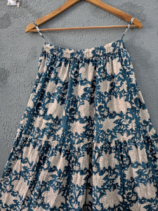 Elegant Teal Blue <b>Floral</b> Tiered <b>Maxi</b> <b>Skirt</b> for Women Handcrafted Cotton Long <b>Skirt</b> with Block Print Design Elastic Waist - Product Image 6