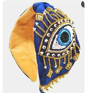 Diadema de tela personalizada con cuentas de semilla, mano de Hamsa y ojo turco, azul oscuro, anudada, para mujer, turbante de moda, accesorio para fiesta - Product Image 1