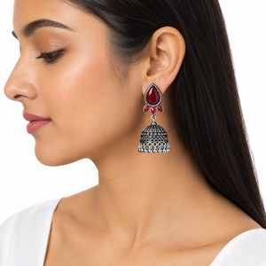 Oxidized <b>Silver</b> Red Stone Bollywood Jhumka <b>Earrings</b> Handmade Teardrop <b>Dangle</b> Ethnic Indian Statement <b>Earrings</b> for Women - Product Image 2