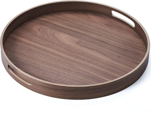 Bandeja Redonda Grande de Madera Natural con Asas, Plato de Servir de Madera Hecho a Mano, Bandeja Rústica para Mesa de Cocina, Comedor o Cafetería - Product Image 1